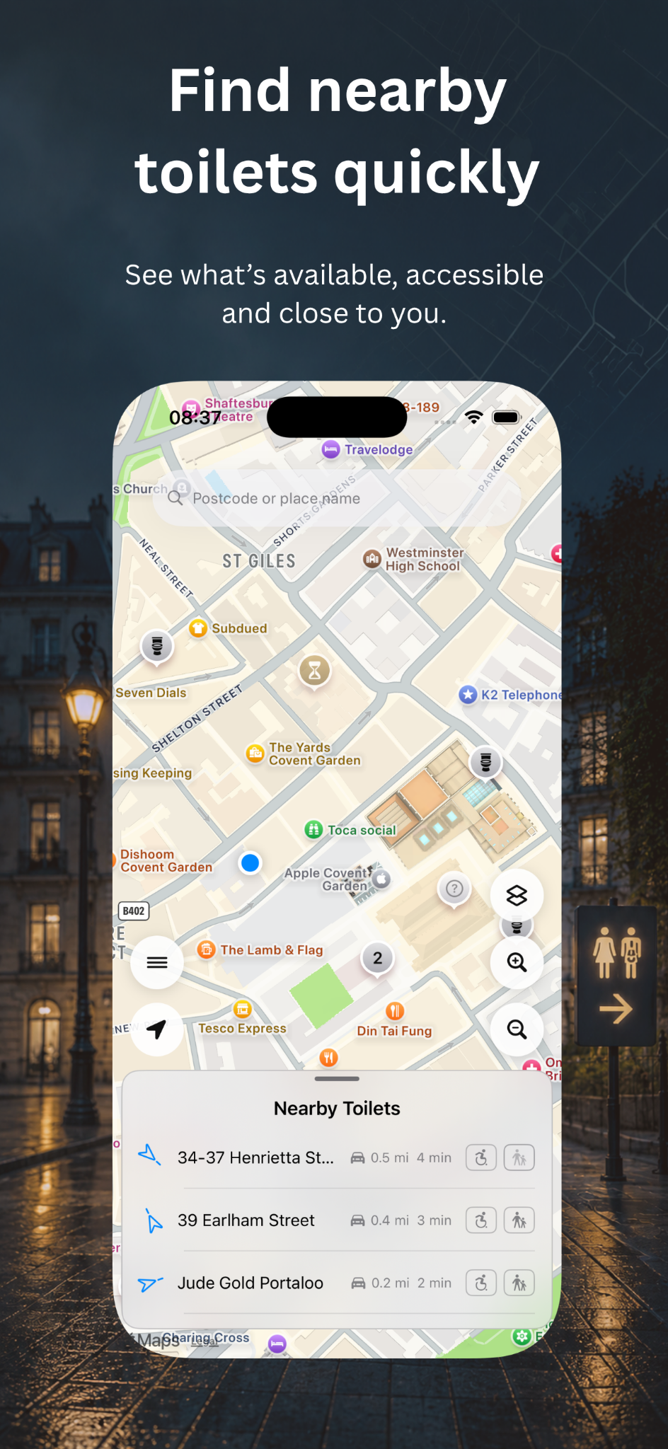 Sat Lav showing nearby public toilets on a map