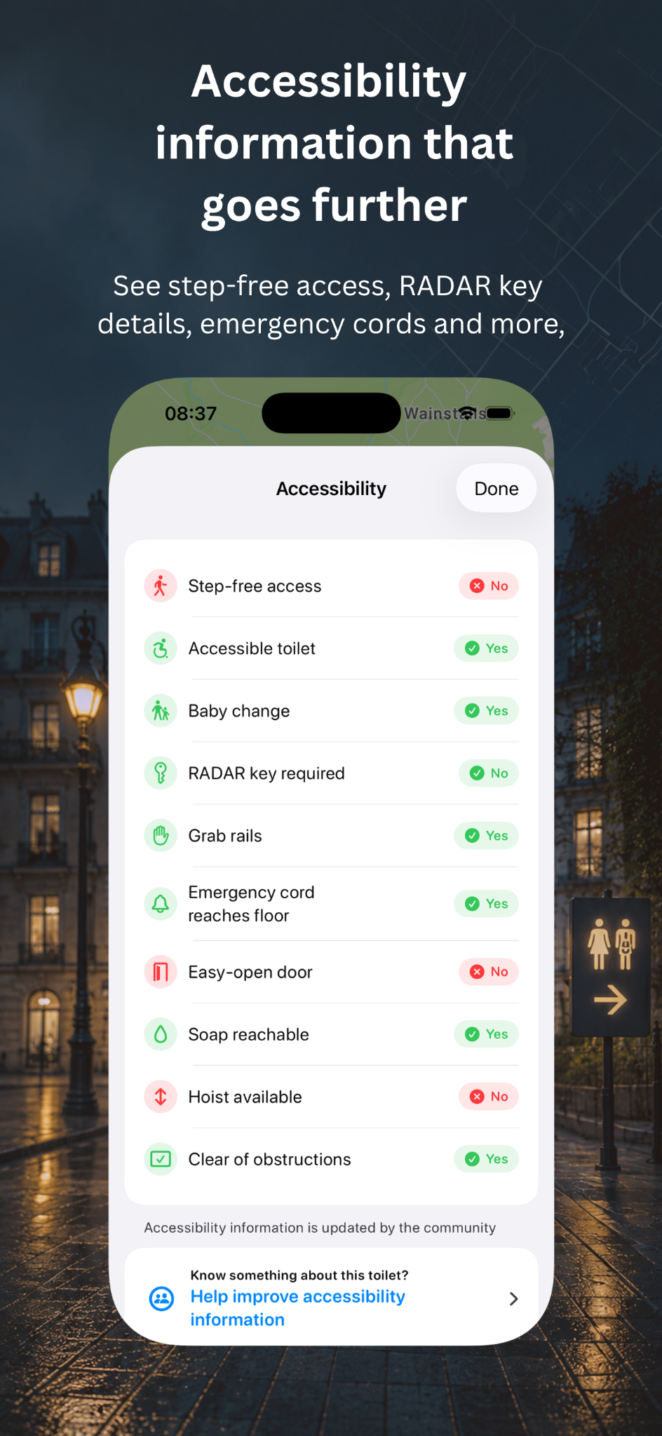 Sat Lav detailed accessibility information including step-free access, emergency cords and grab rails