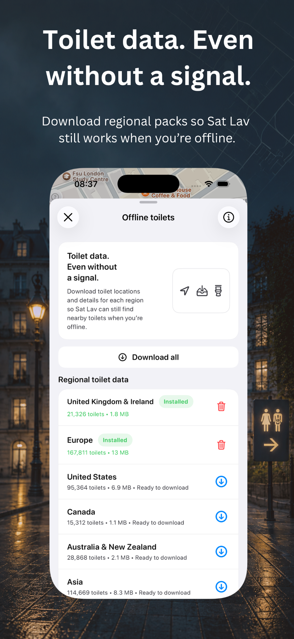 Sat Lav offline regional toilet data downloads